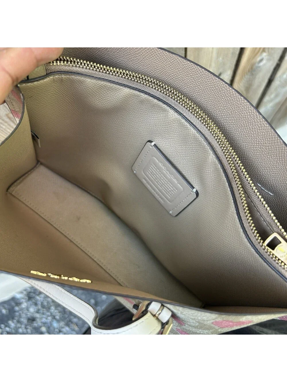 Coach Molie Tote 25 in Signature Canvas Monogram Heart Print Cream Brown Bag